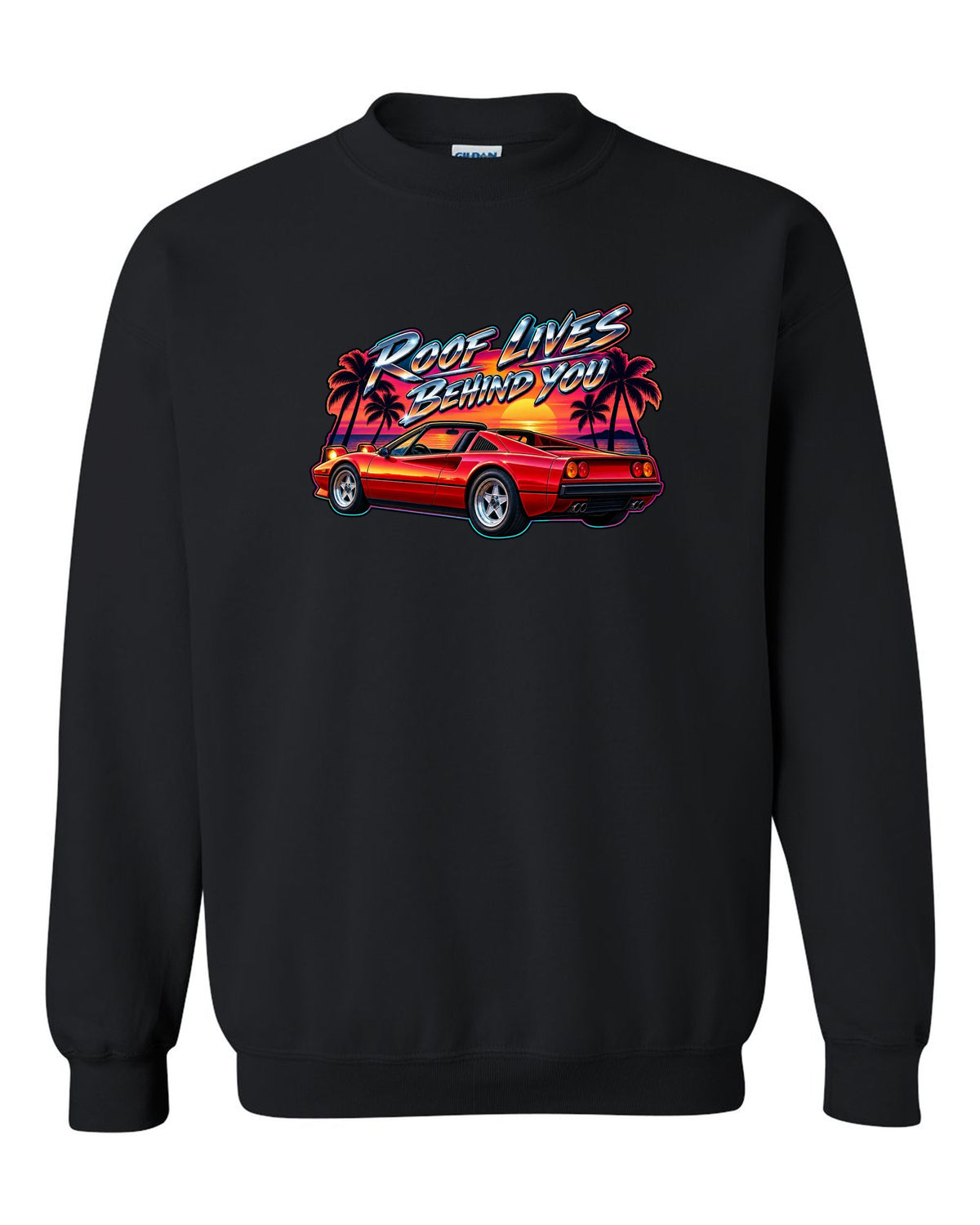 1980s airbrush style print of a Ferrari 308 GTS targa at sunset with palm trees black crewneck front view with the design