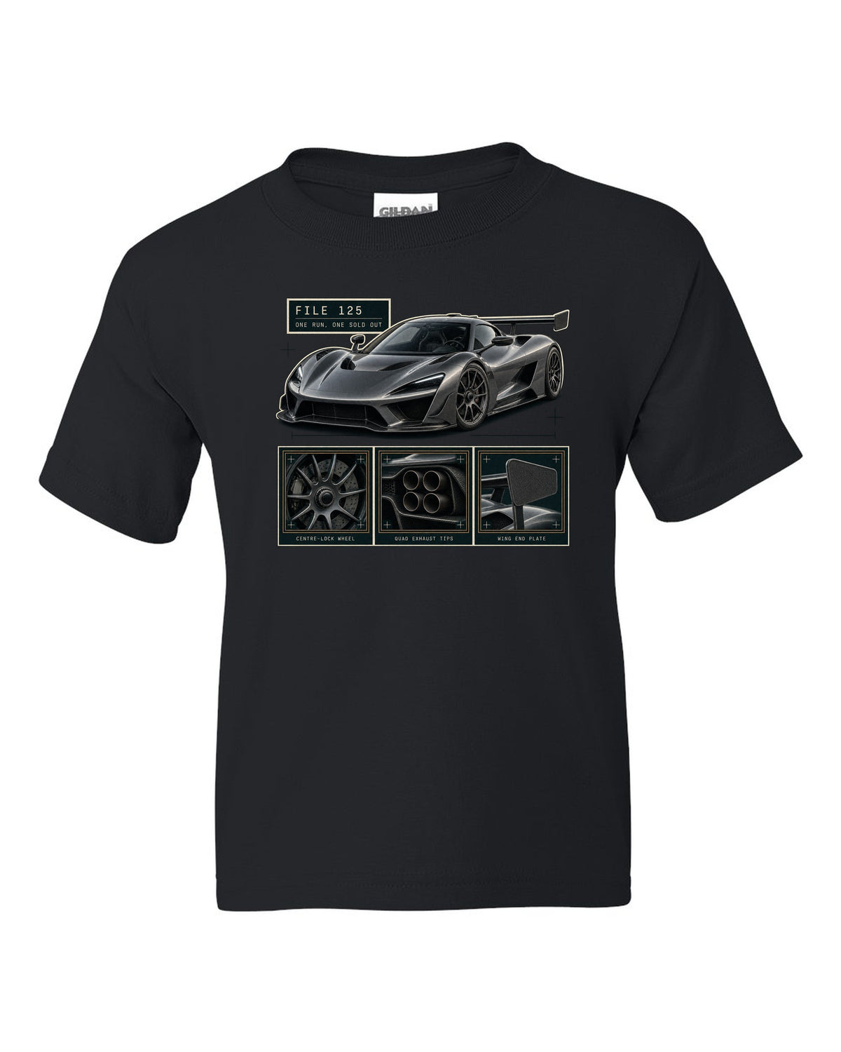 Dossier panel layout of the Koenigsegg Jesko Attack with detail panels, print black kids tee front view with the design