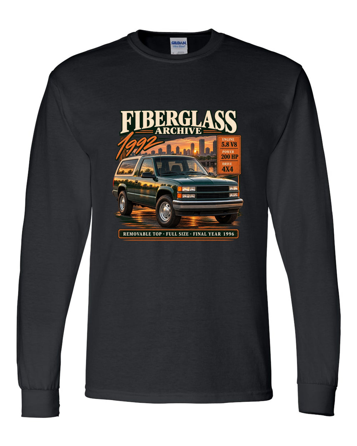 Ford Bronco OBS 1992-96 fiberglass archive panel print with 5.8 V8 and final year 1996 black long sleeve front view with the design
