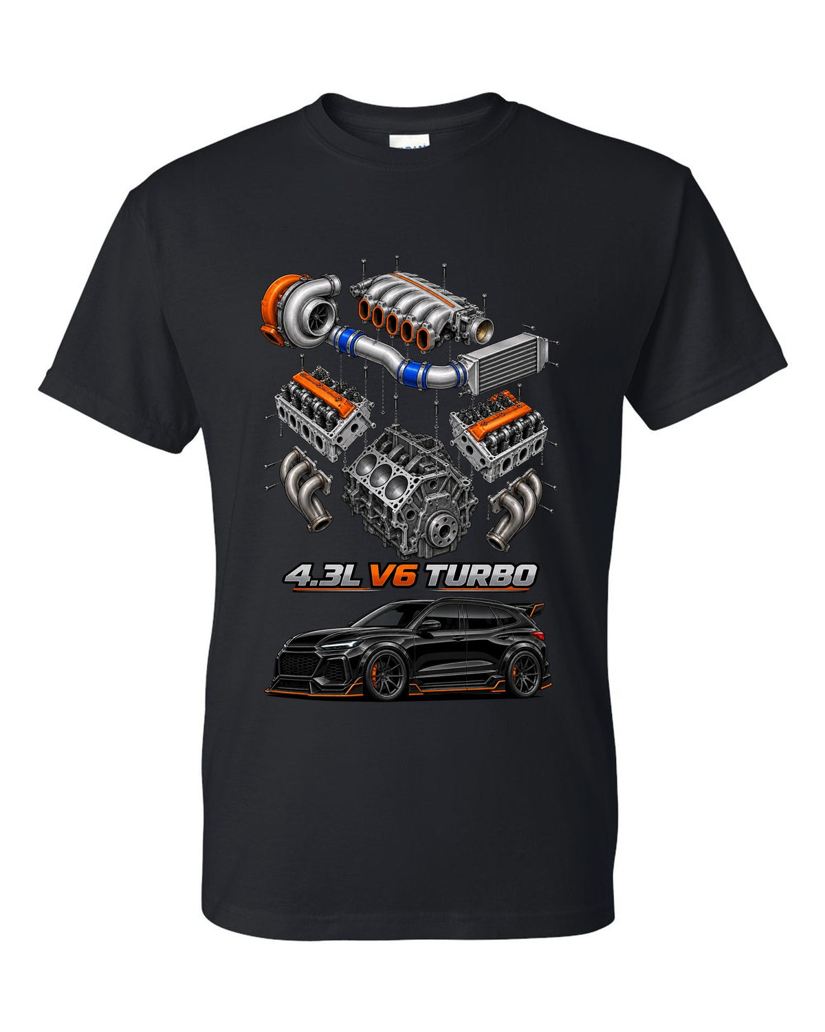 Exploded cutaway drawing of the 4.3L turbo V6 engine in a 1992-93 GMC Typhoon, printed on a shirt back black t-shirt front view with the design