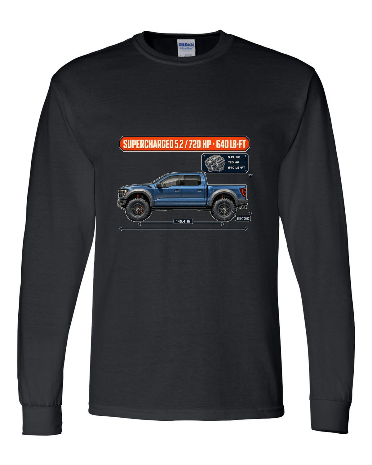 Ford F-150 Raptor R 2023 dimension blueprint print with 720 HP spec black long sleeve front view with the design