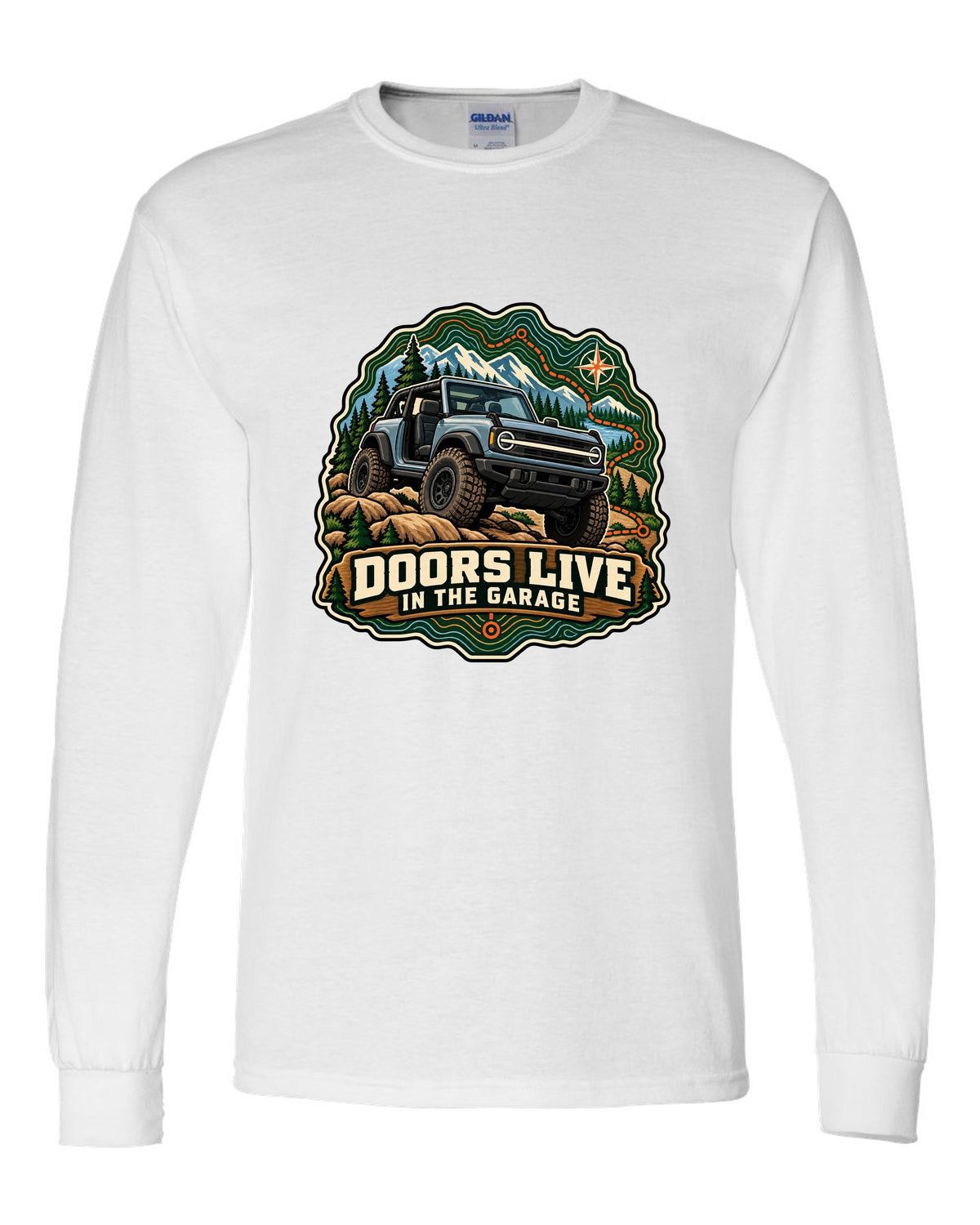 Ford Bronco U725 two-door on a topographic trail route map print white long sleeve front view with the design