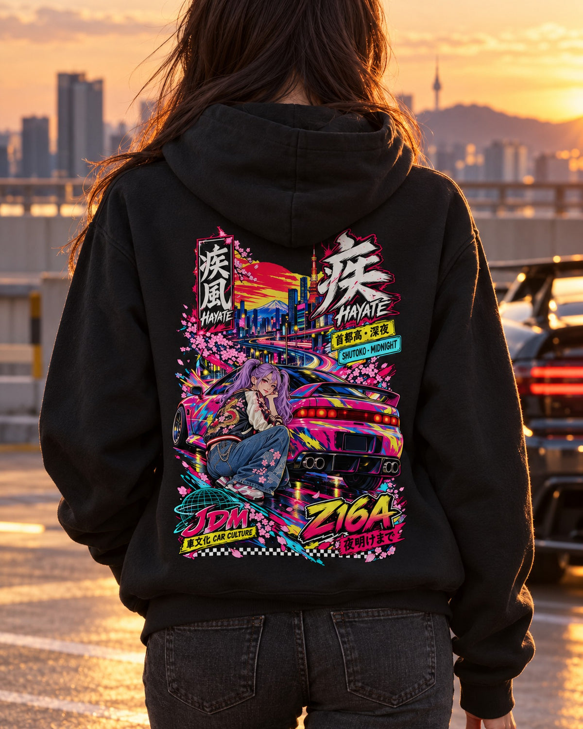HAYATE Z16A Anime Girl Full-Back Graphic Tee Pull Over Hoodie Black worn hero