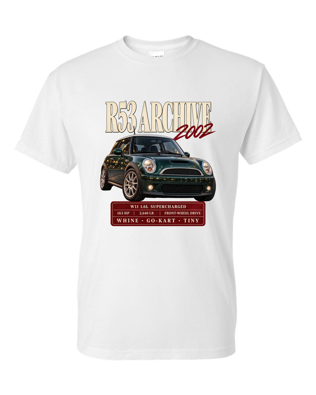 Mini Cooper S R53 archive panel with W11 supercharged engine specs white t-shirt front view with the design
