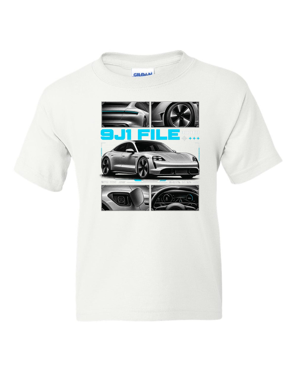 Porsche Taycan Turbo S 9J1 dossier panel design with charging figures white kids tee front view with the design