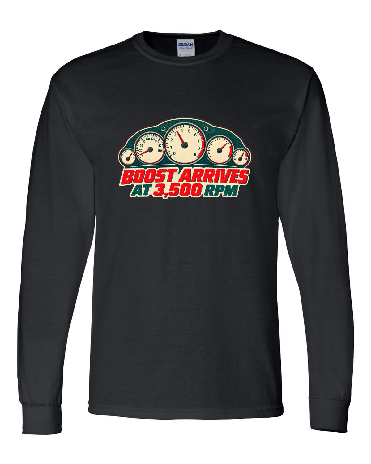 Risograph two-colour print of a tachometer for the Nissan Skyline GT-R R33 BCNR33 black long sleeve front view with the design