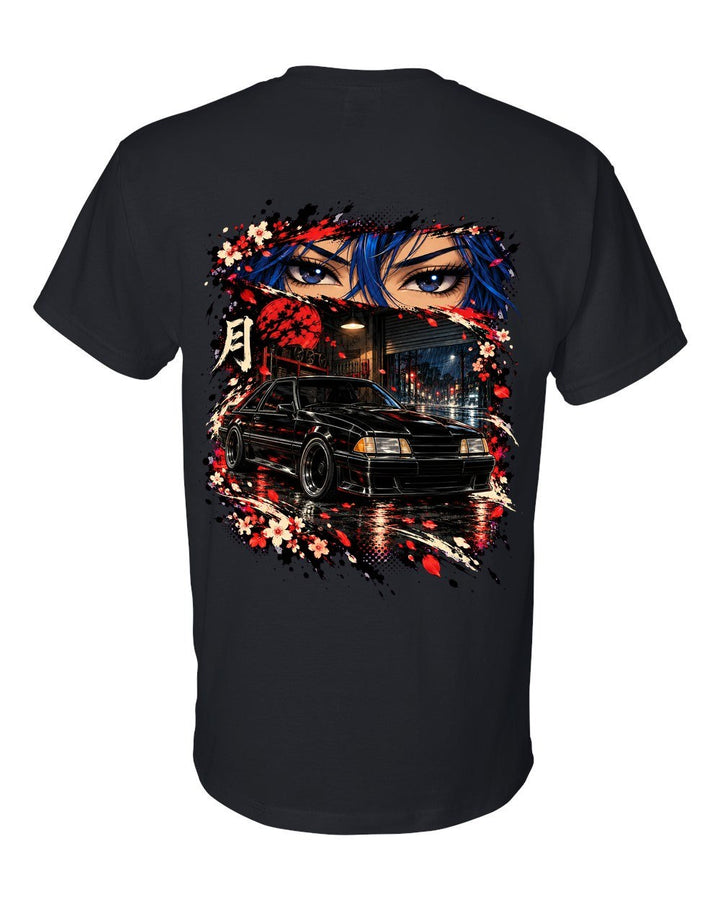 Ford Mustang Fox Body Anime Girl T-Shirt Black back