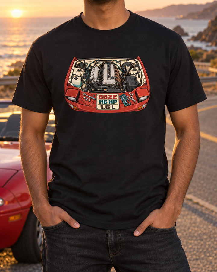 Mazda MX-5 NA Miata B6ZE Engine Bay Parts Catalogue Shirt T-Shirt Black worn hero