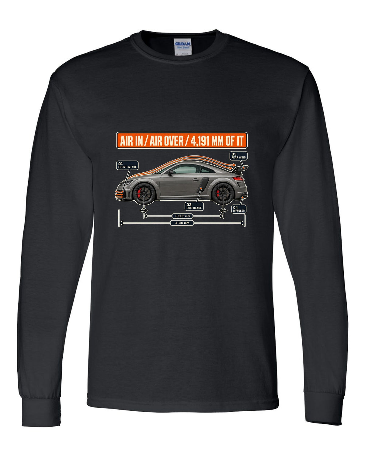 Audi TT RS facelift aero cutaway diagram with airflow callouts print black long sleeve front view with the design