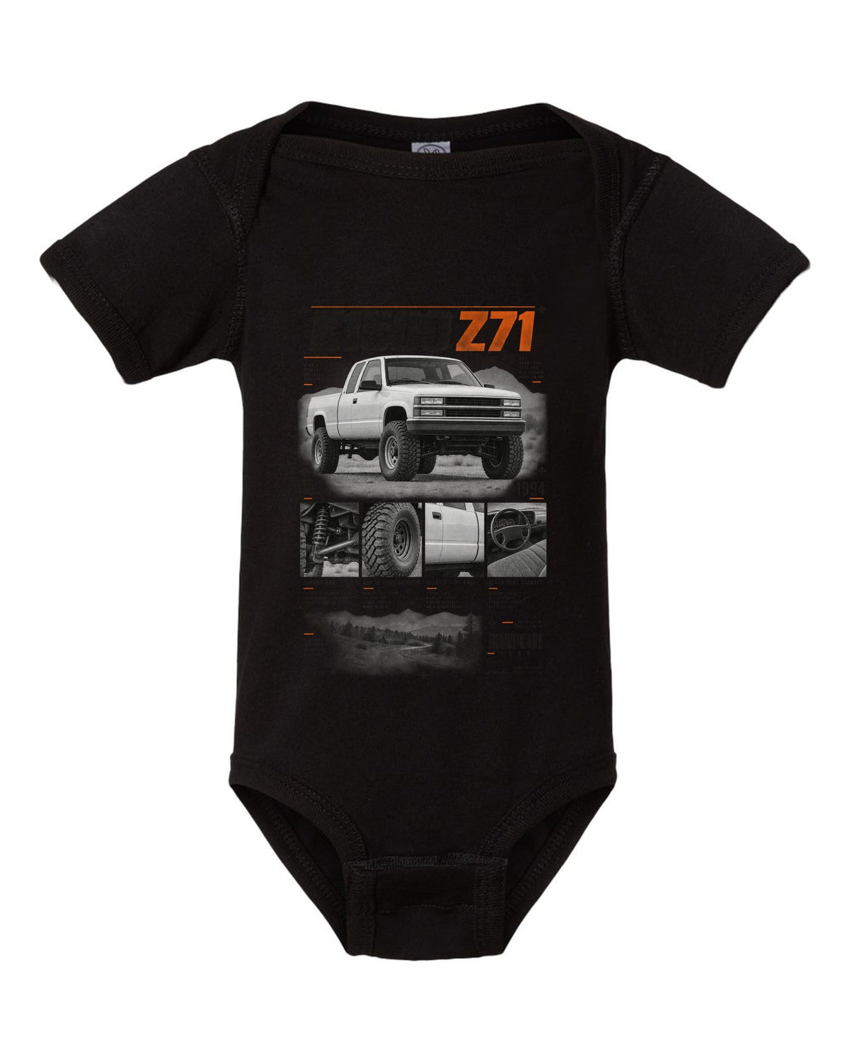 GMT400 K1500 Z71 OBS dossier panel print black baby onesie front view with the design