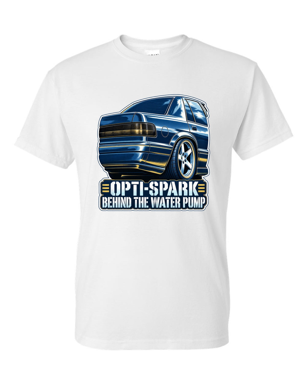 Blue cyanotype print of a 1994-96 Chevrolet Impala SS LT1 wheel with the text Opti-Spark Behind the Water Pump white t-shirt front view with the design