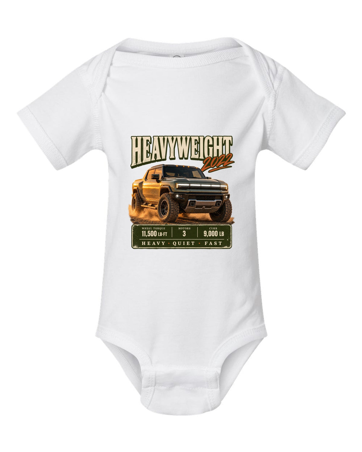 Full colour GMC Hummer EV 2022 three-quarter front archive panel design white baby onesie front view with the design