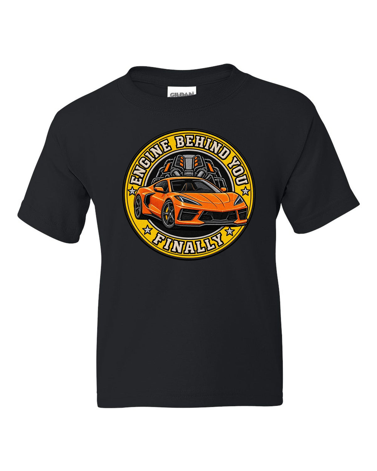 Varsity shield crest print of a 2020 Chevrolet Corvette C8 Stingray with engine behind you finally lettering black kids tee front view with the design