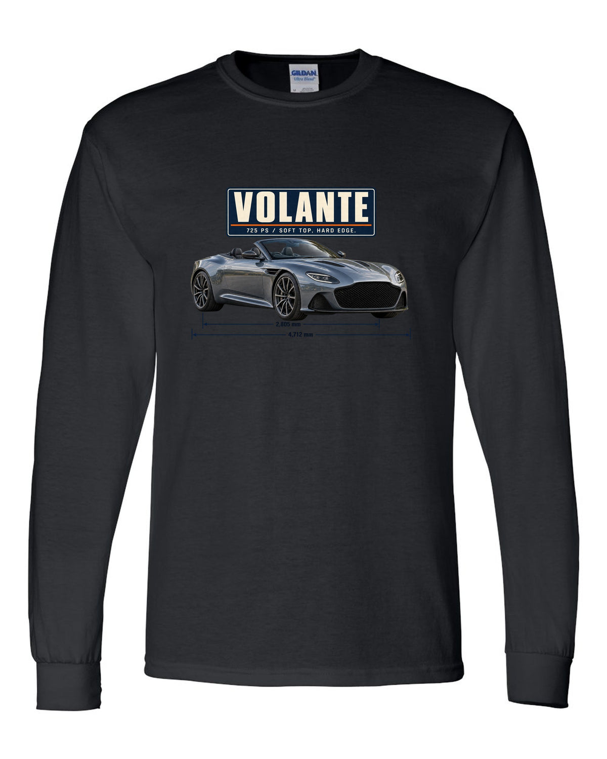 Aston Martin DBS Volante 2019 top-down editorial headline print with 725 PS text black long sleeve front view with the design