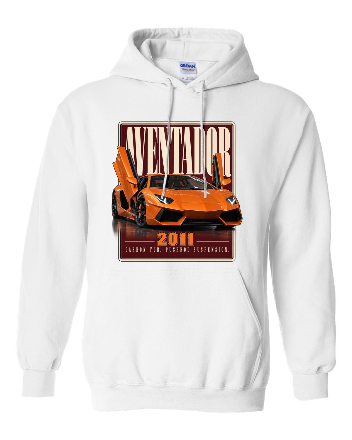 Editorial headline print of the Lamborghini Aventador LP700-4 white pull over hoodie front view with the design