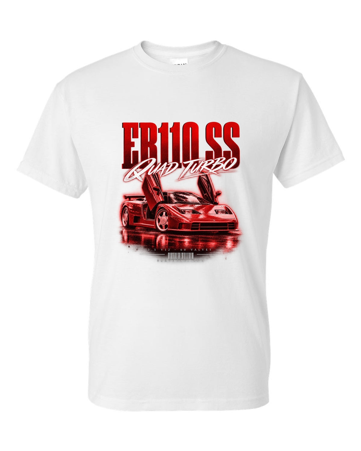 Bugatti EB110 SS 1992 street poster with quad turbo V12 text white t-shirt front view with the design