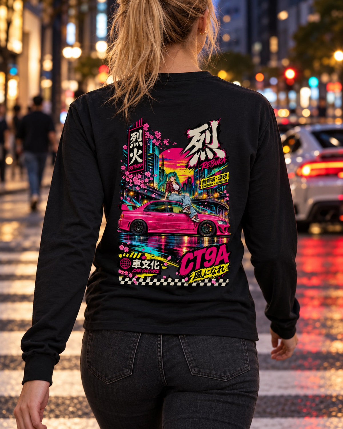 RETSUKA CT9A Anime Girl Full-Back Graphic Tee Long Sleeve Black worn hero