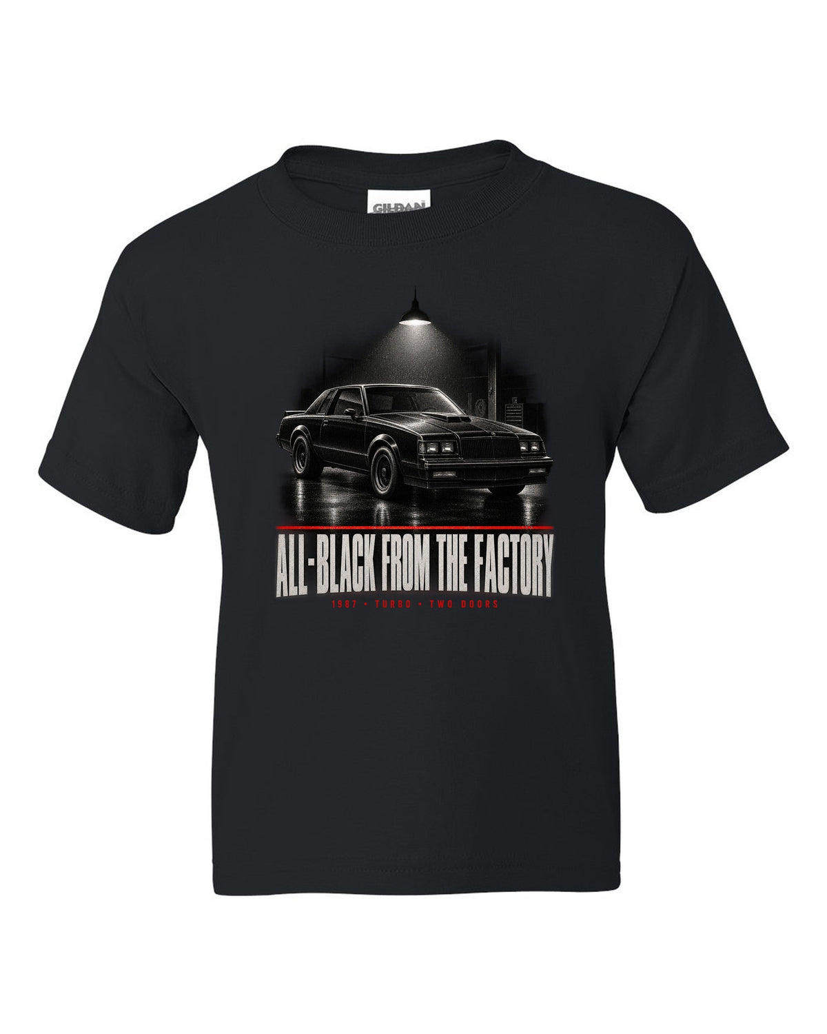 1987 Buick Grand National garage night scene print with all-black text black kids tee front view with the design
