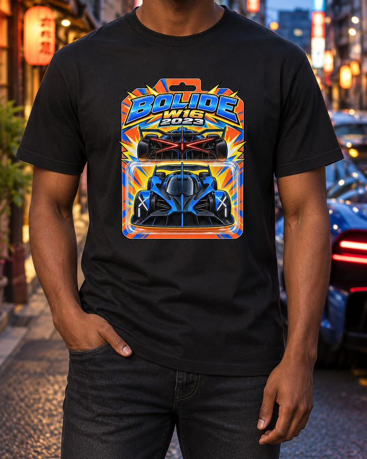 Bugatti Bolide 2023 W16 Toy Blister Pack Card Graphic Tee T-Shirt Black worn hero