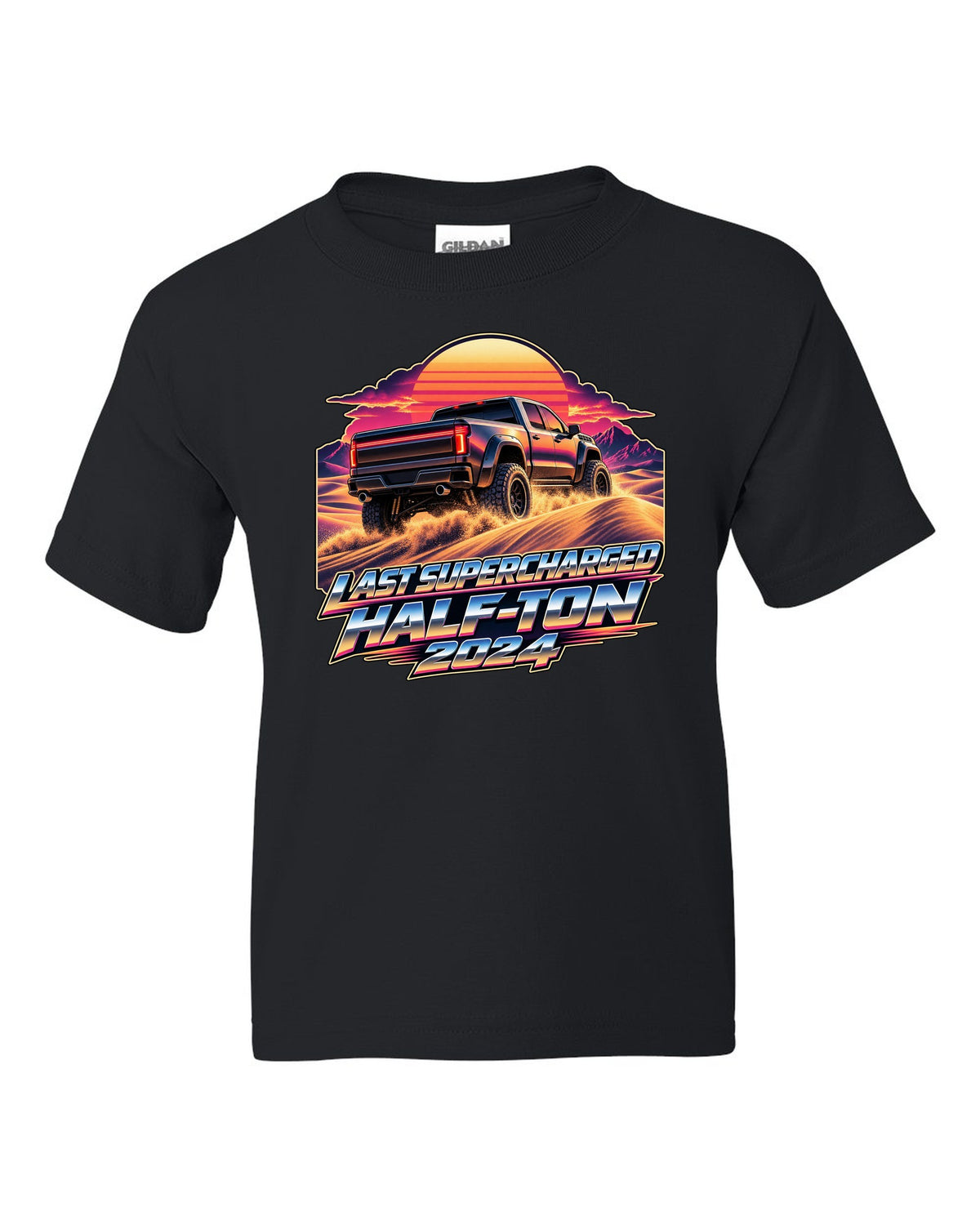 Retro 80s sunset print of a Ram 1500 TRX Final Edition on dunes black kids tee front view with the design