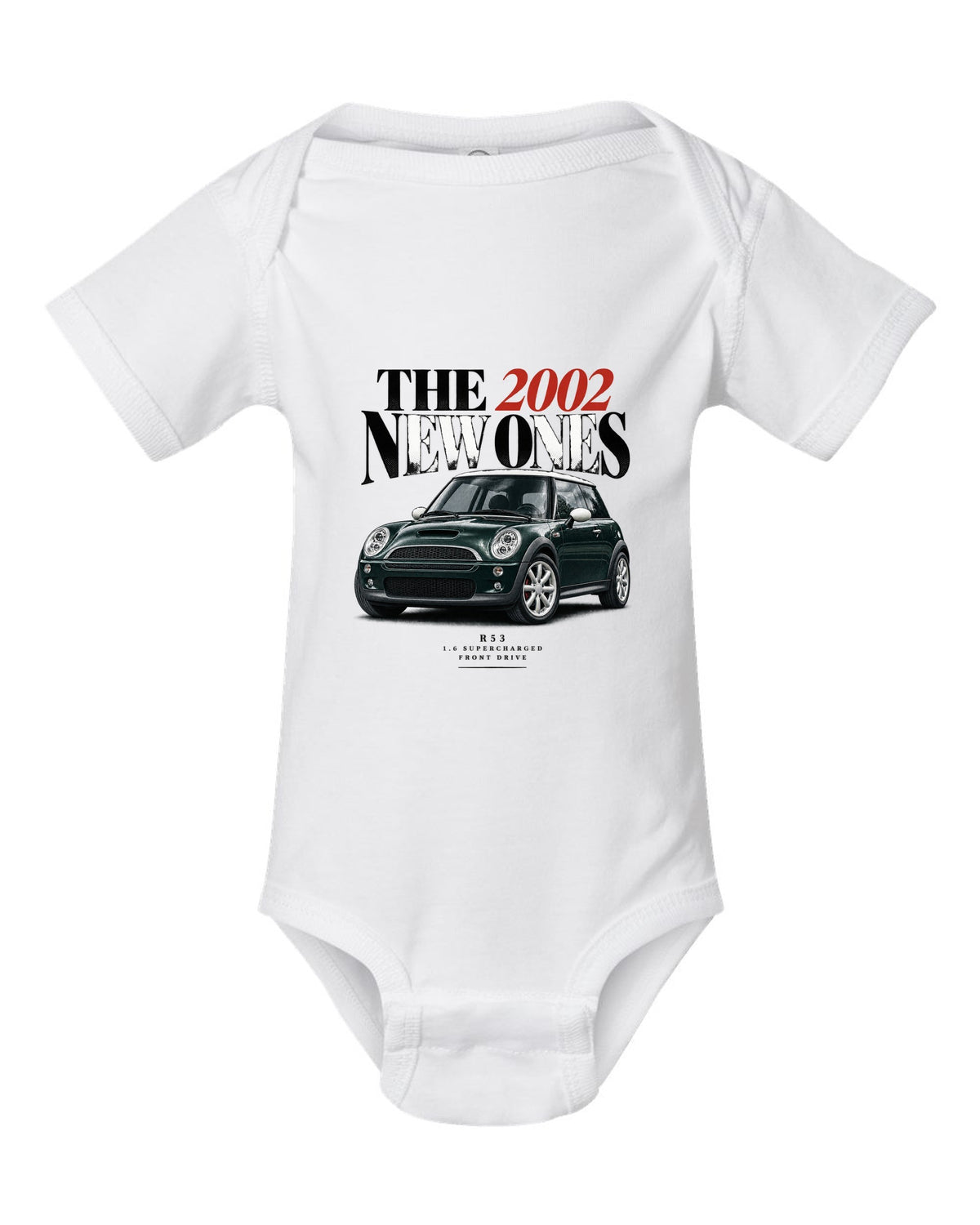 Mini Cooper S R53 dark green with white roof editorial headline print white baby onesie front view with the design