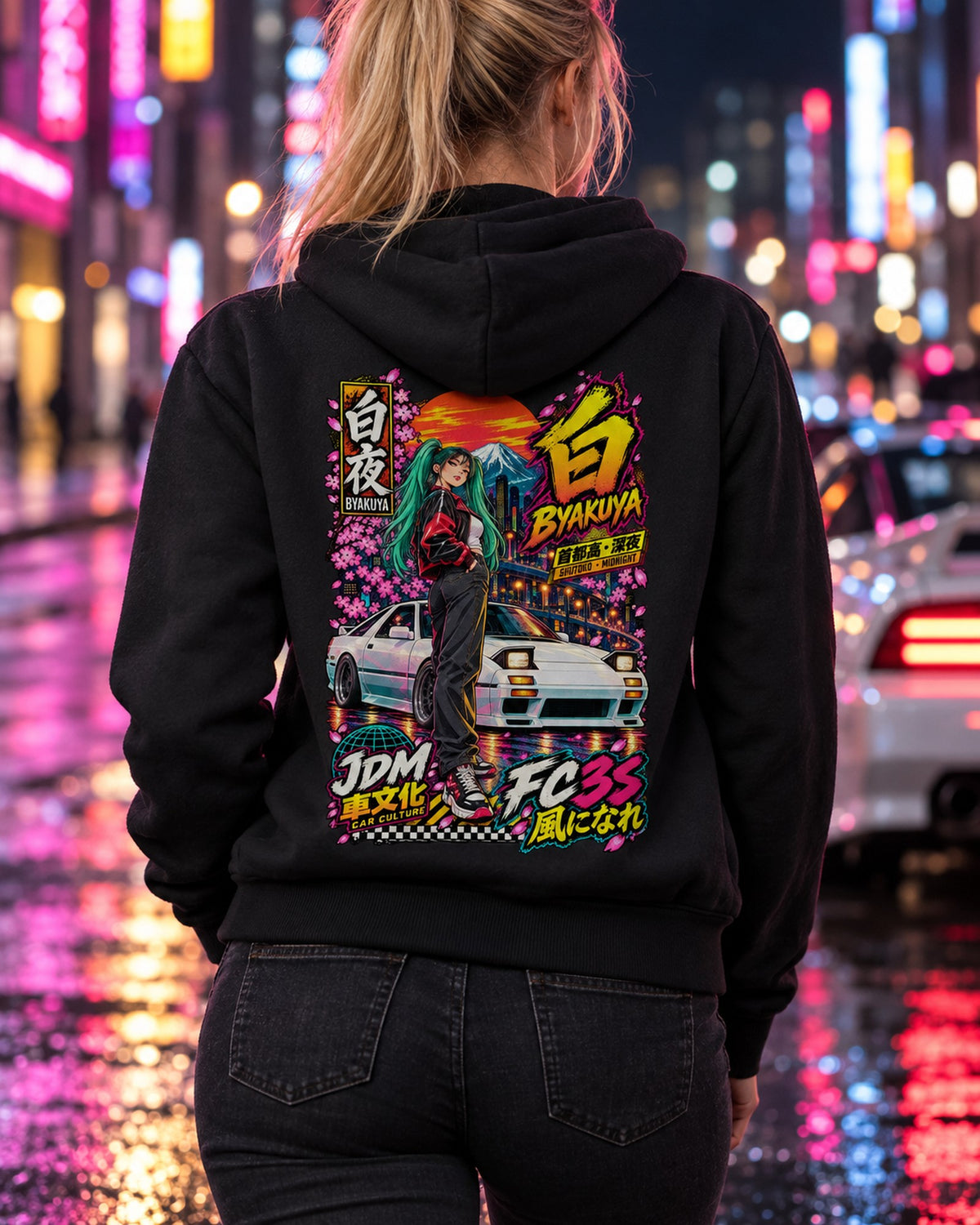 BYAKUYA FC3S Anime Girl Full-Back Graphic Tee Zip Hoodie Black worn hero