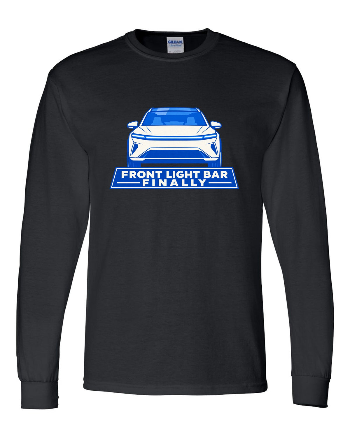 Minimal geometric flat vector print of a Tesla Model Y Juniper with the text Front Light Bar Finally black long sleeve front view with the design