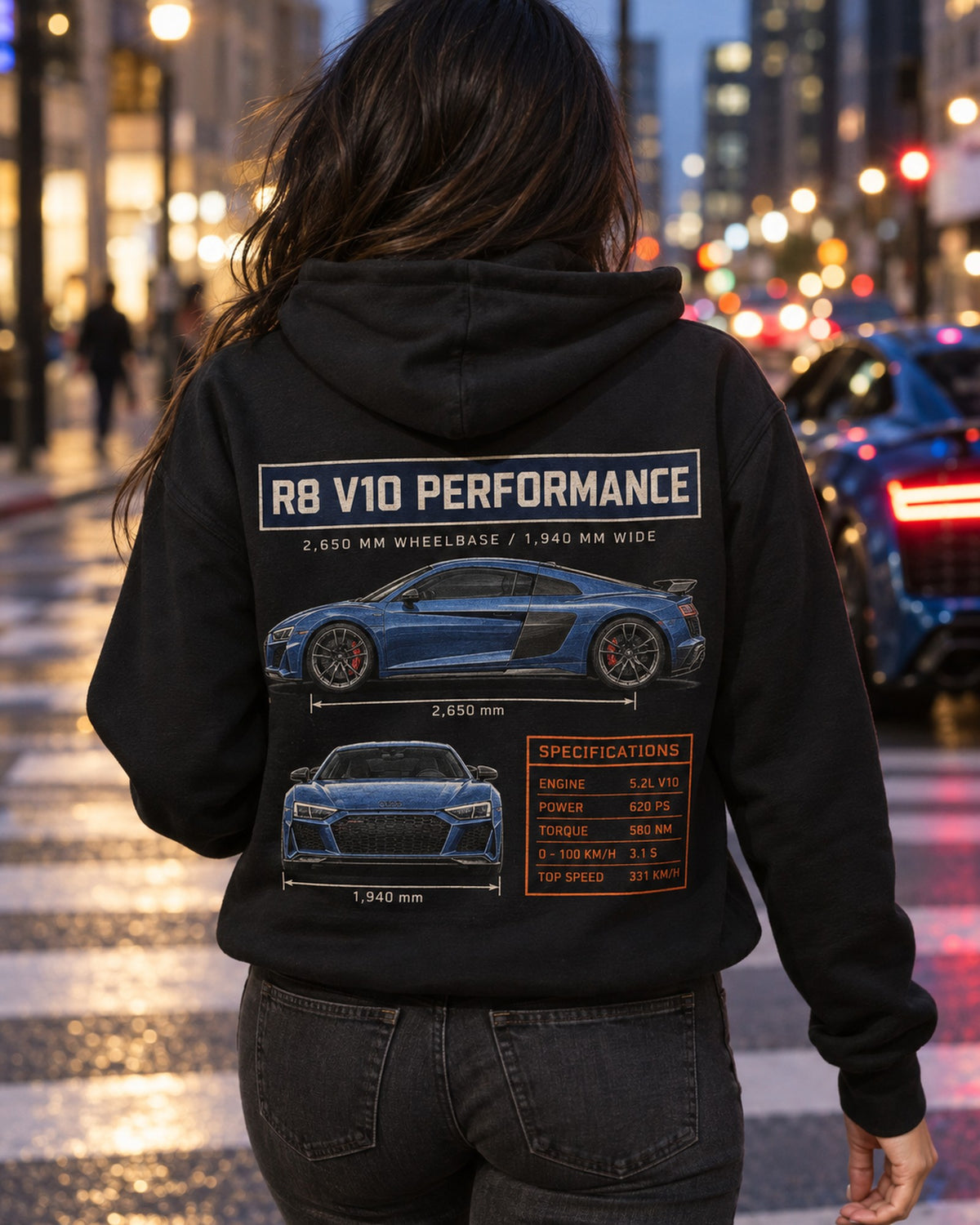 Audi R8 V10 Performance Dimension Blueprint Tee, Type 4S Car Shirt Zip Hoodie Black worn hero