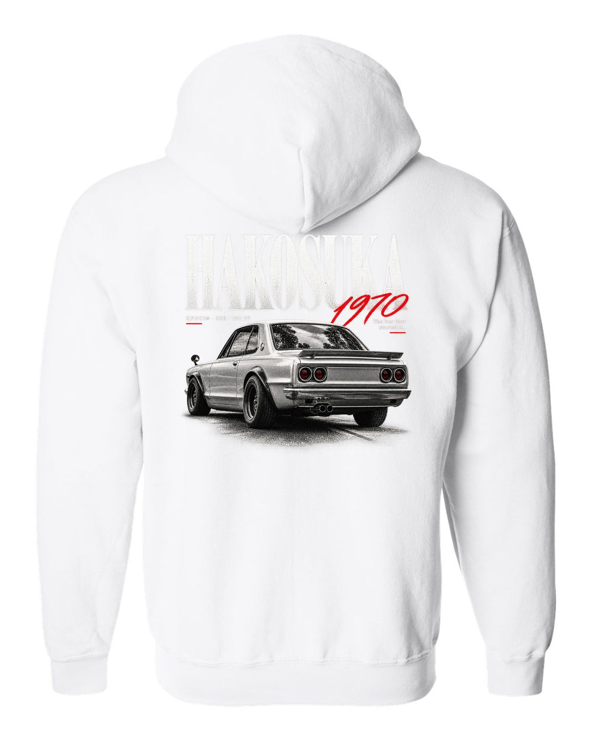 Editorial headline print of a Nissan Skyline 2000GT-R KPGC10 Hakosuka white zip hoodie back view with the design