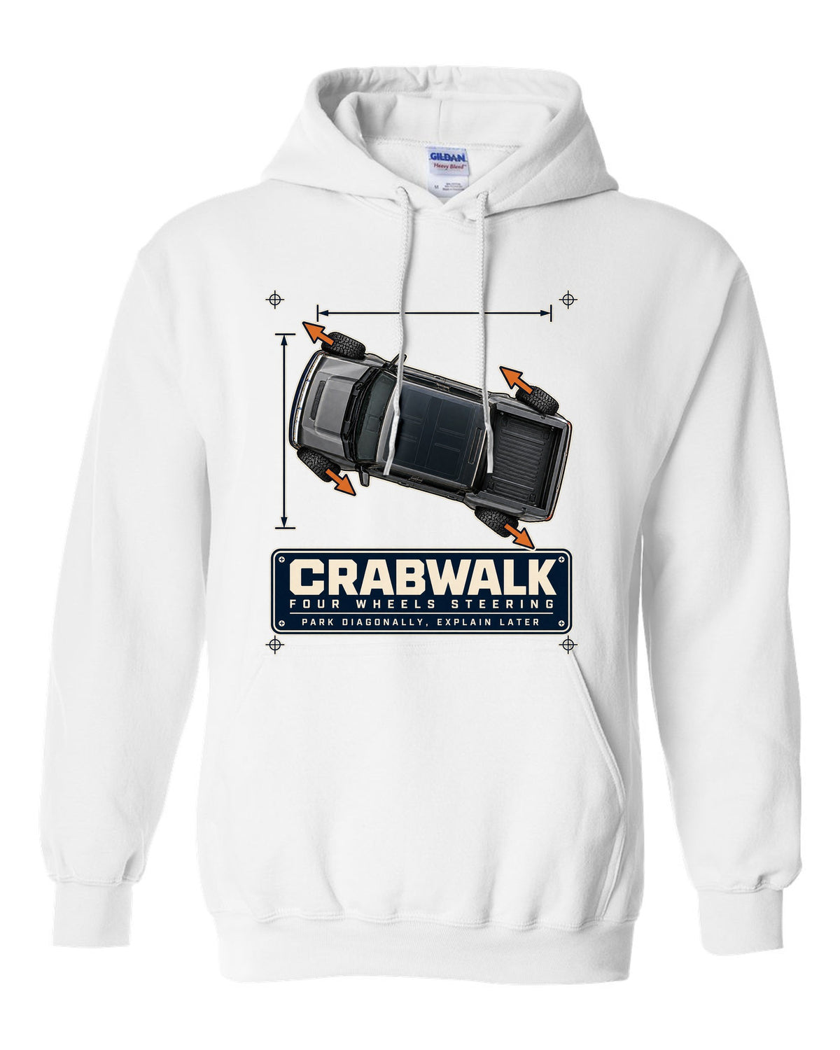 Top-view dimension blueprint print of a Hummer EV pickup showing CrabWalk diagonal steering white pull over hoodie front view with the design