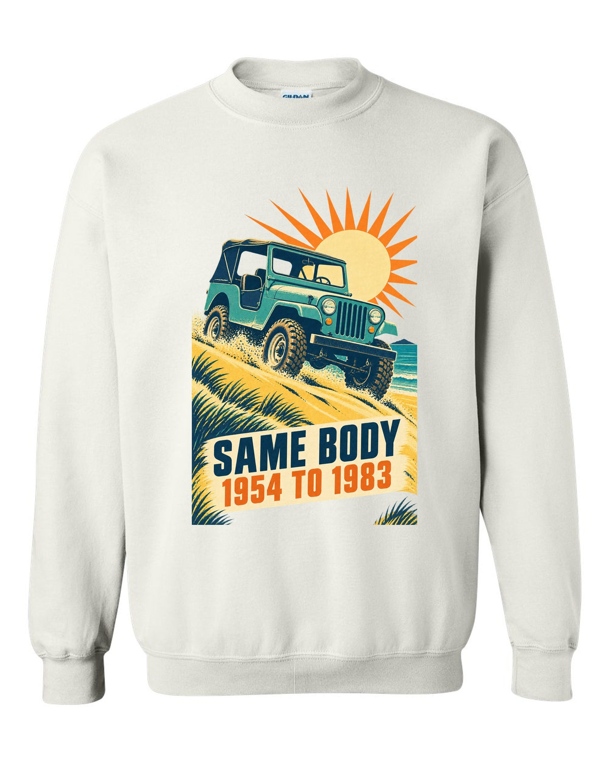 Vintage race poster print of a Jeep CJ-5 climbing a dune white crewneck front view with the design
