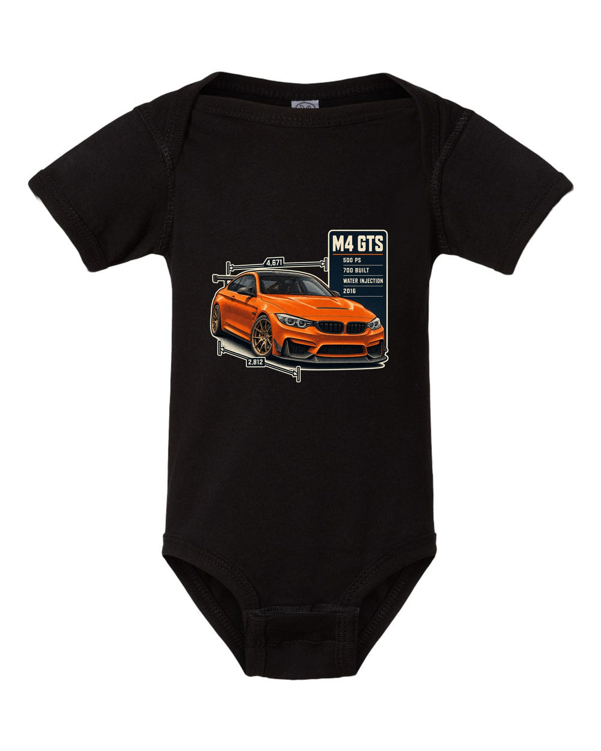 BMW M4 GTS F82 spec poster print design black baby onesie front view with the design