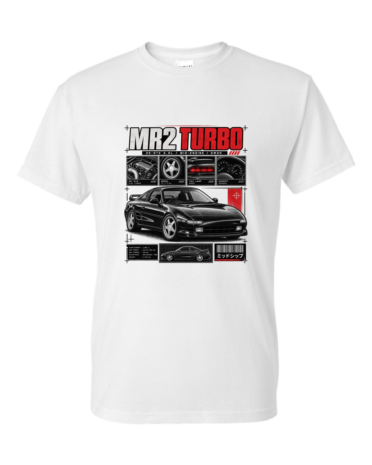 print of a Toyota MR2 SW20 Turbo in dossier panels with 3S-GTE 2.0L and mid-engine text white t-shirt front view with the design