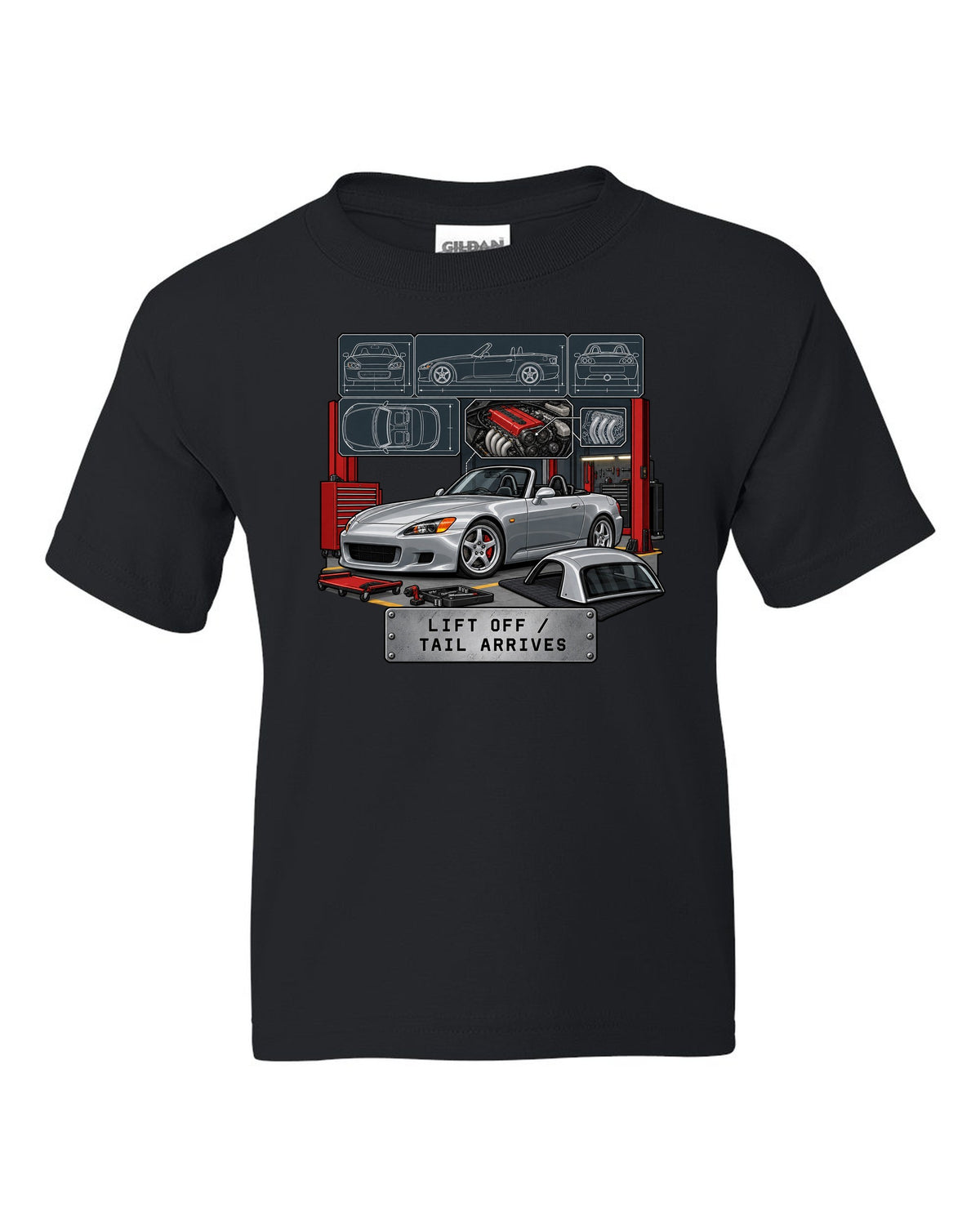 Spec sheet data plate print of a 1999 Honda S2000 AP1 roadster with lift off tail arrives text black kids tee front view with the design