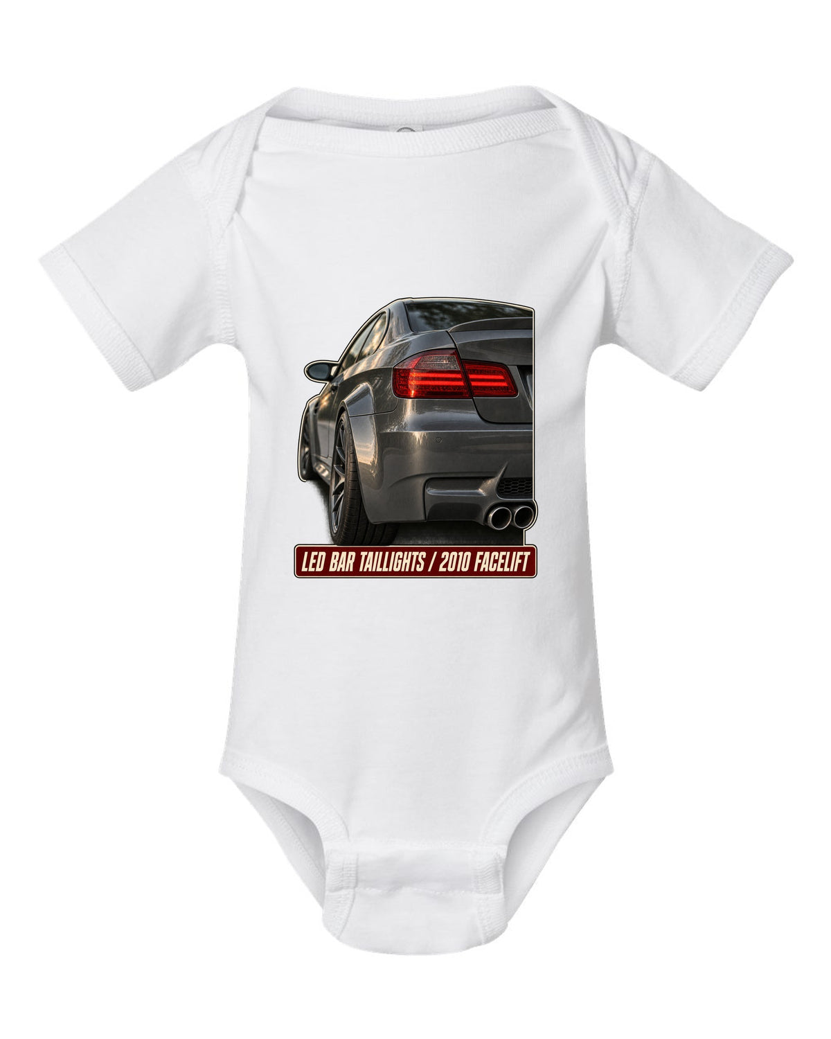 BMW M3 E92 LCI LED bar taillight close-up print white baby onesie front view with the design