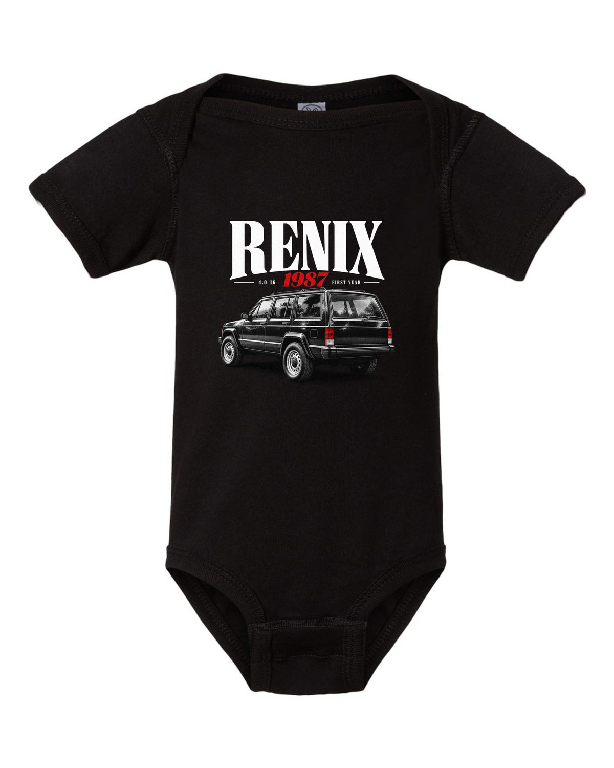 Jeep Cherokee XJ editorial headline print about the 1987 Renix 4.0 I6 black baby onesie front view with the design