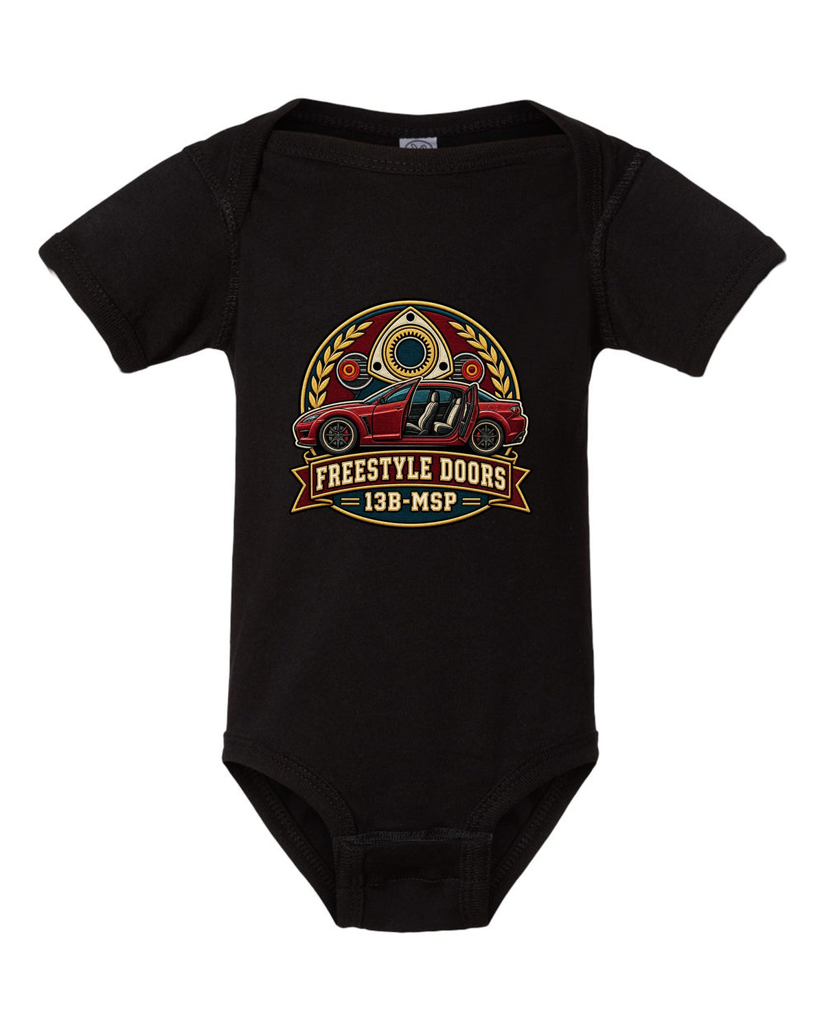 Varsity-style crest of a Mazda RX-8 SE3P with freestyle doors and 13B-MSP text black baby onesie front view with the design