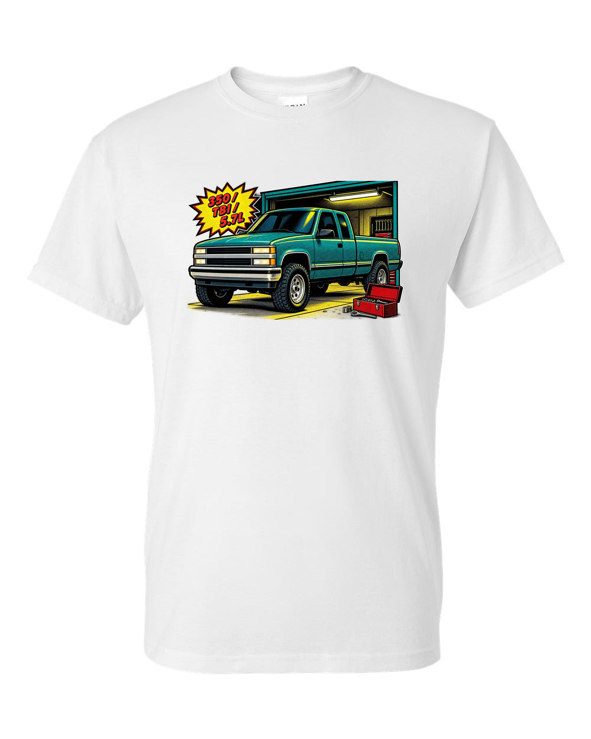 Comic halftone pop-art print of a 1988-1998 Chevrolet GMT400 OBS Silverado with 350 TBI 5.7L text white t-shirt front view with the design