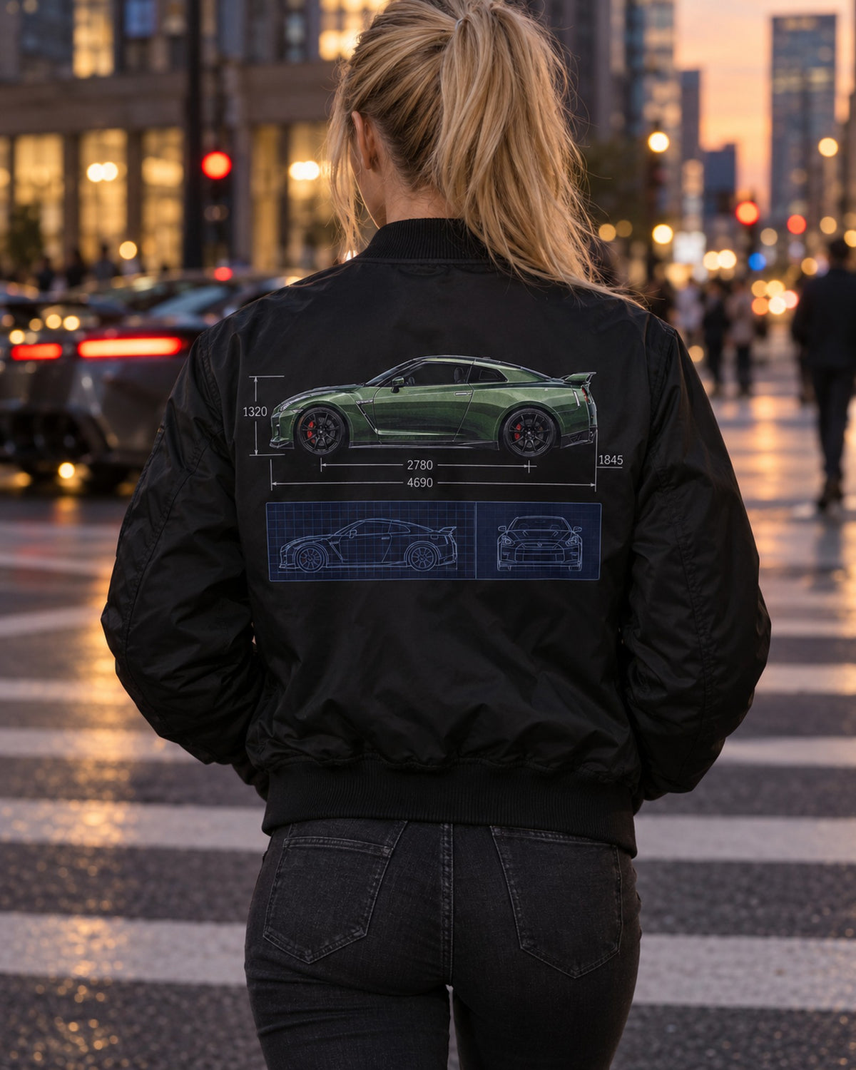 Nissan GT-R R35 T-spec Blueprint Shirt, 2024 Car Guy Tee Bomber Jacket Black worn hero