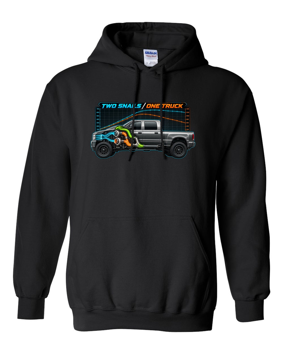 Dyno chart and gauge print of a 2003-2009 Dodge Ram 2500 Cummins compound turbo with two snails one truck text black pull over hoodie front view with the design