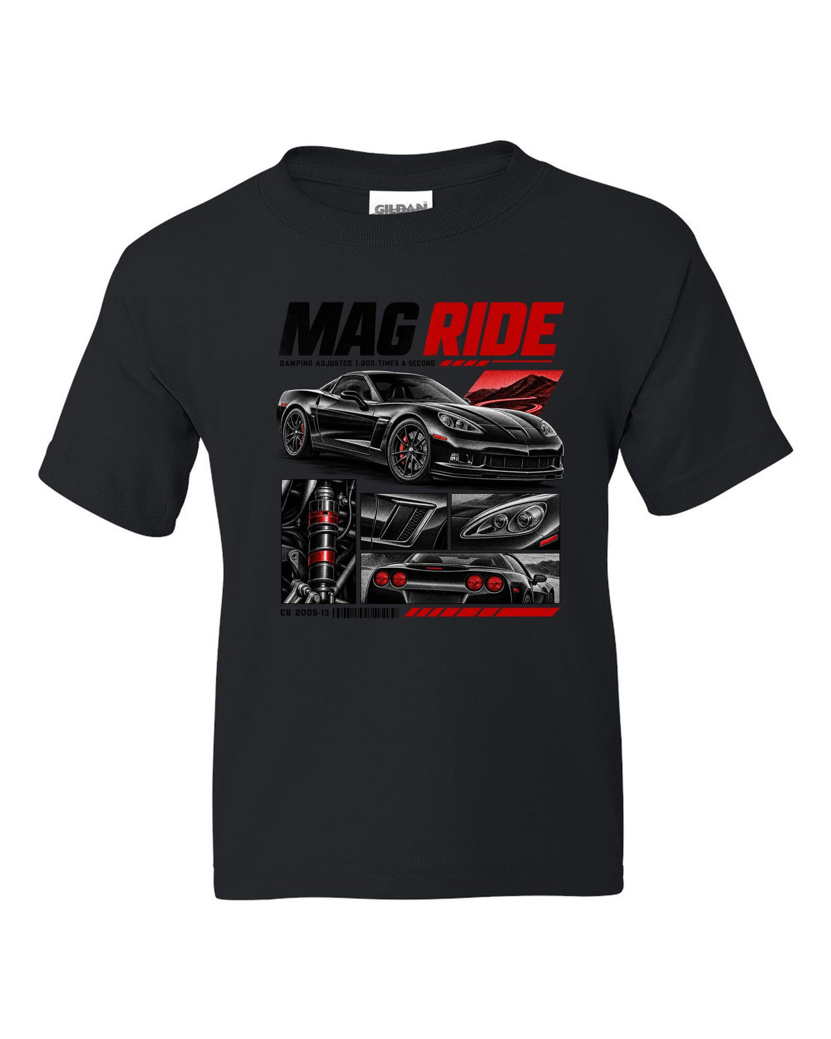 Corvette C6 coupe in dossier panels with magnetic ride text black kids tee front view with the design