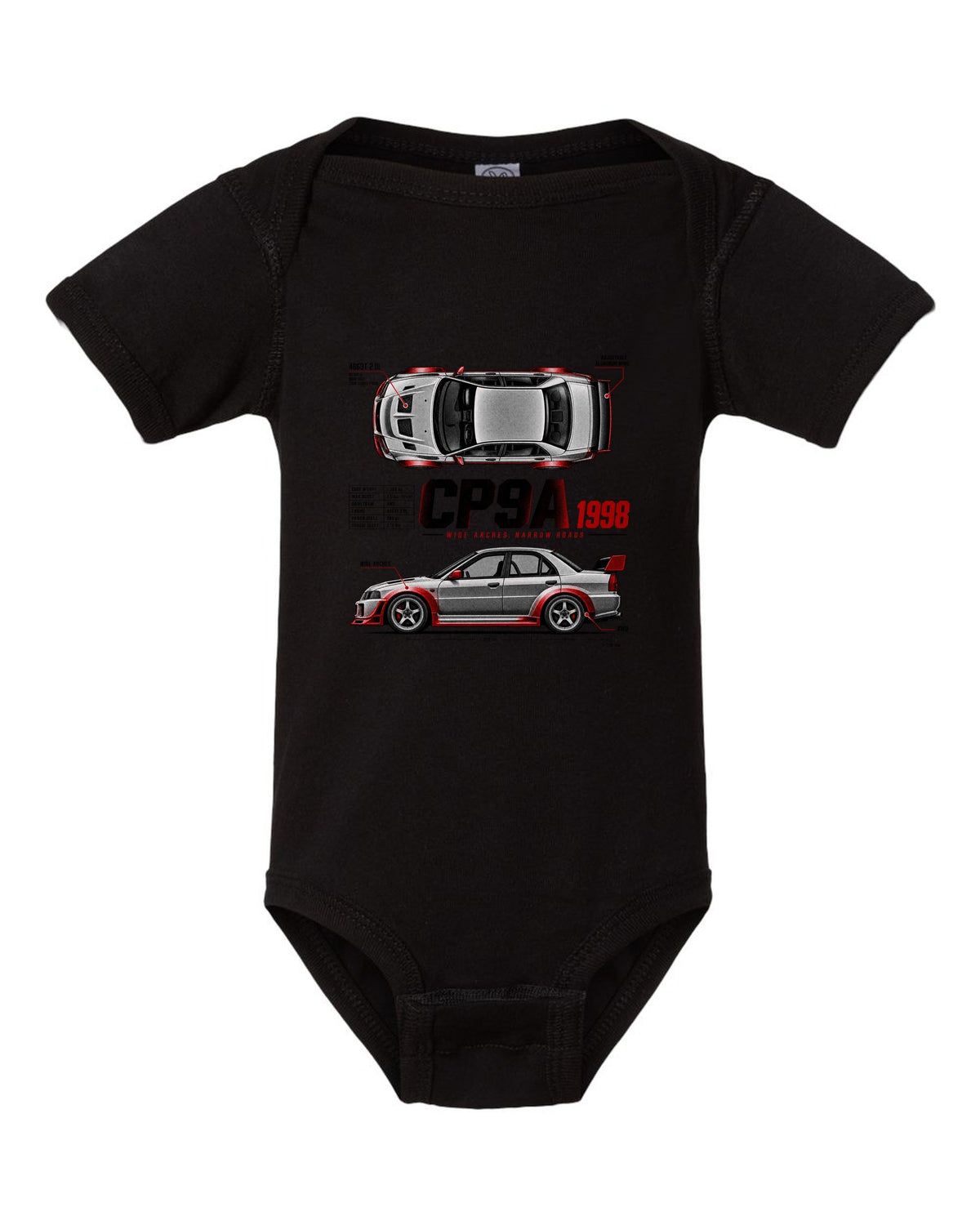 Spec poster print for the Mitsubishi Lancer Evolution V CP9A reading Wide Arches, Narrow Roads, 4G63T 2.0L, 1998 black baby onesie front view with the design