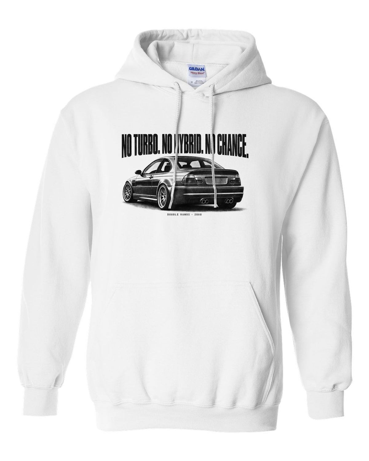 BMW E46 M3 coupe halftone print with no turbo no hybrid no chance and Double VANOS text white pull over hoodie front view with the design