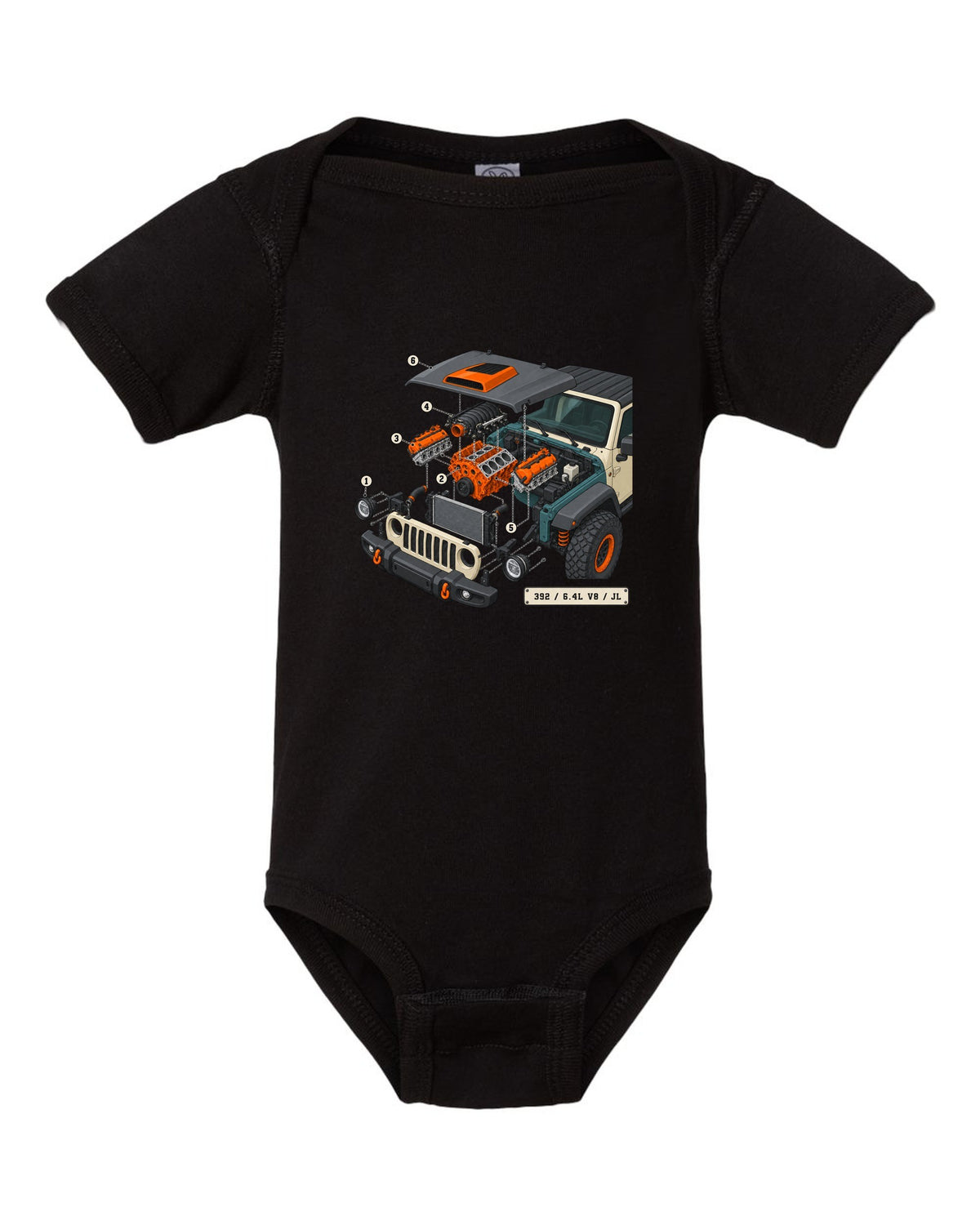 Jeep Wrangler JL Rubicon 392 6.4L V8 isometric exploded engine diagram with callouts black baby onesie front view with the design