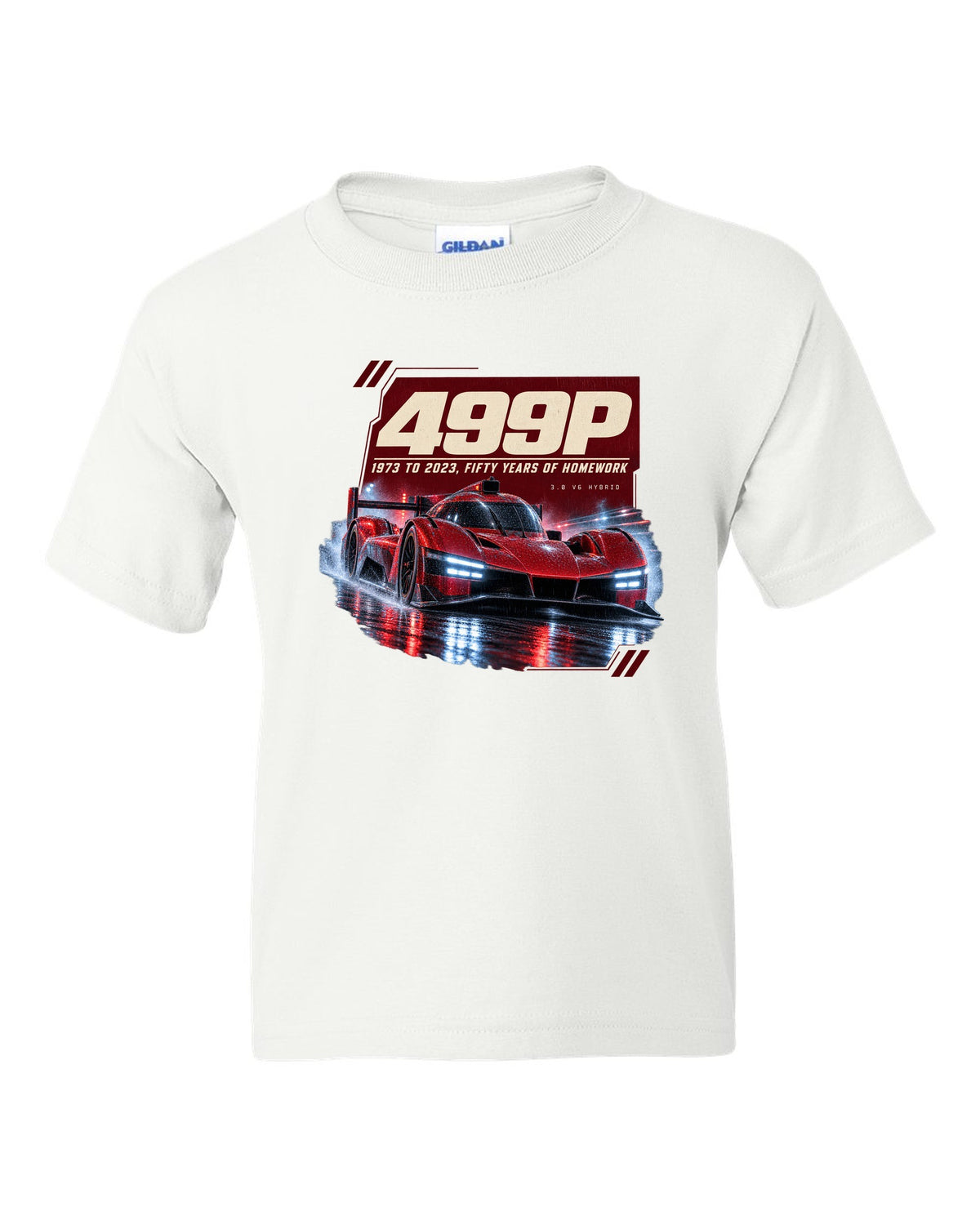 Ferrari 499P on a rainy night street print, 1973 to 2023 white kids tee front view with the design