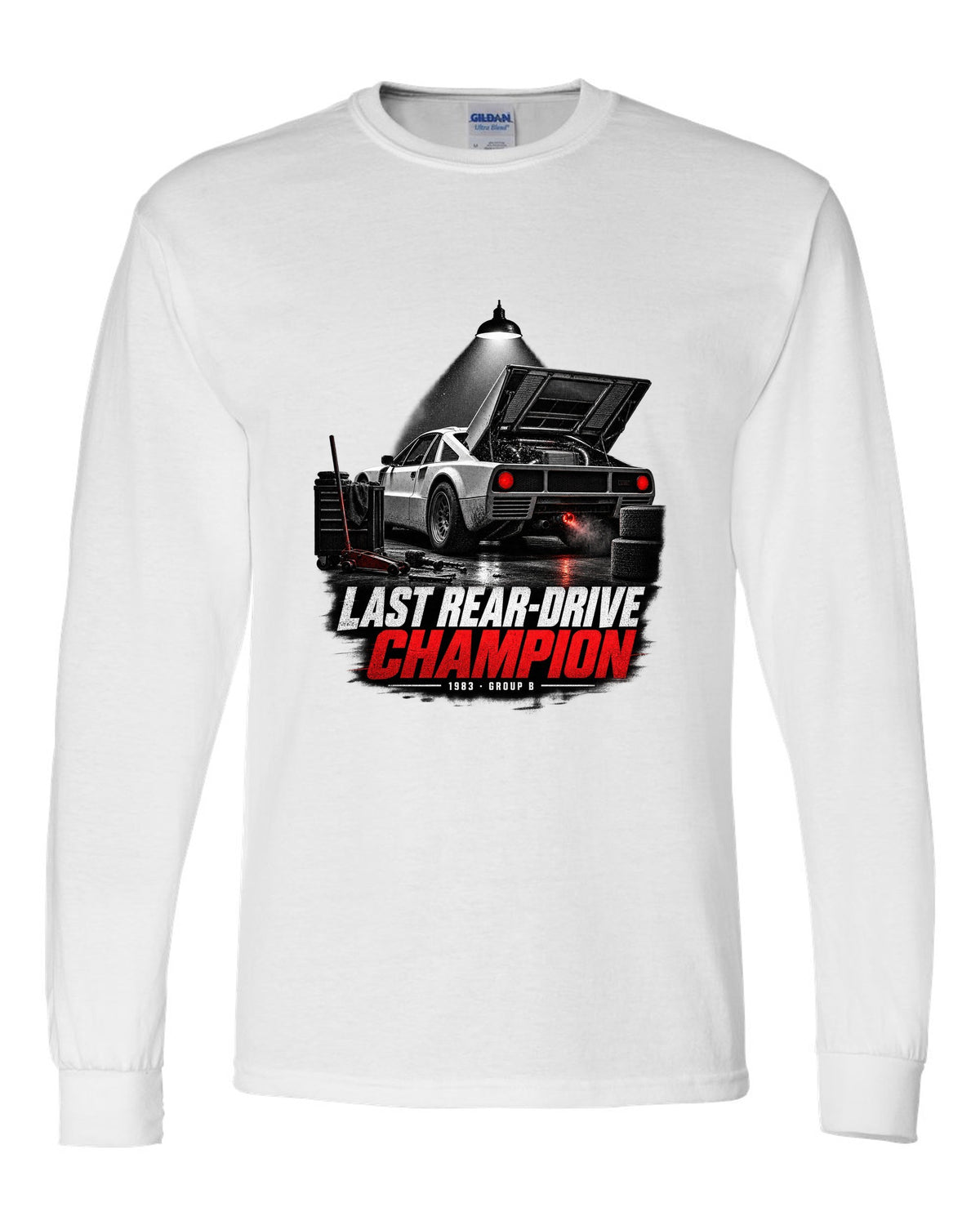 Garage night print of a Lancia Rally 037 with Last Rear-Drive Champion text white long sleeve front view with the design