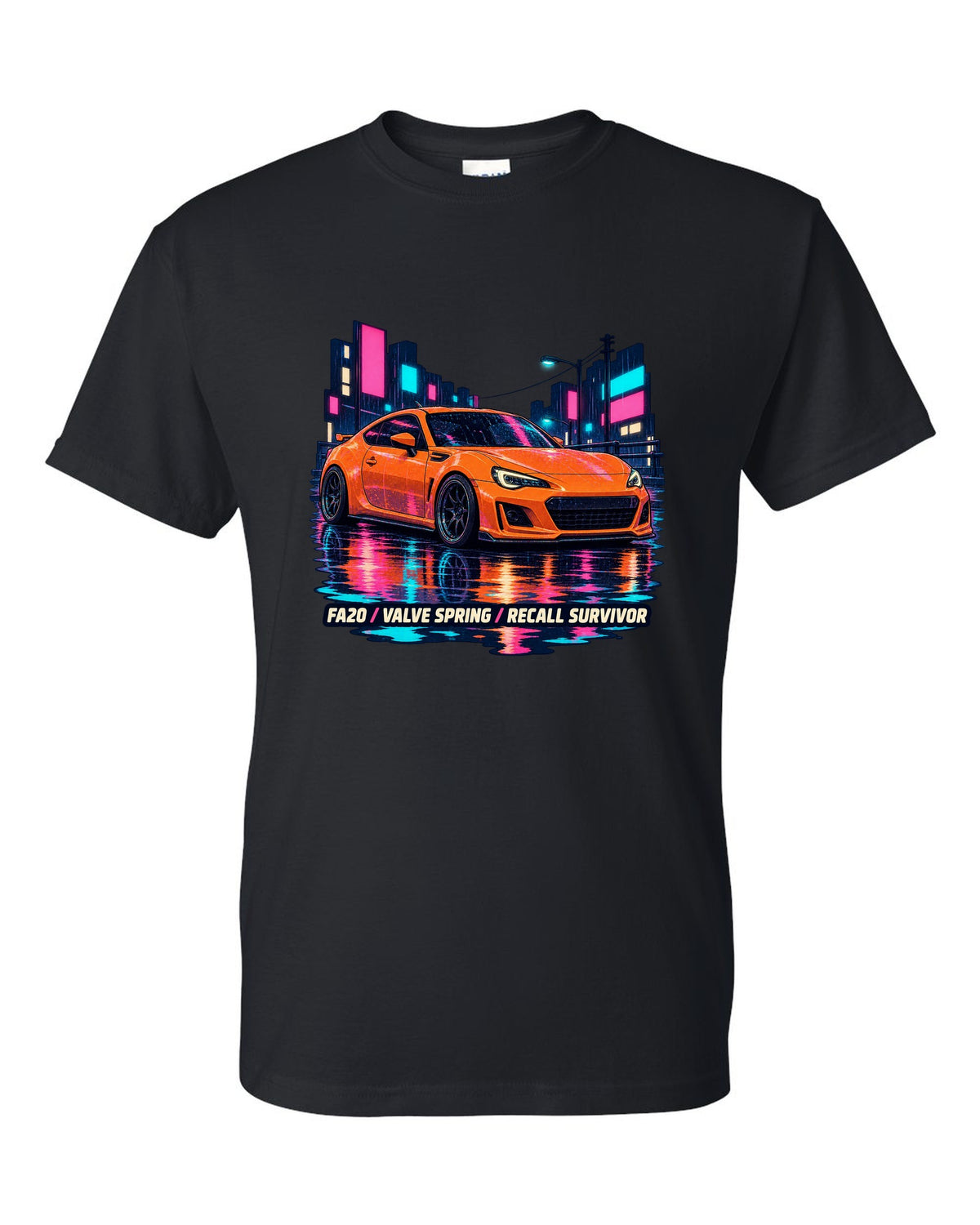 Subaru BRZ ZC6 in a rainy lo-fi anime night scene, FA20 / VALVE SPRING / RECALL SURVIVOR black t-shirt front view with the design