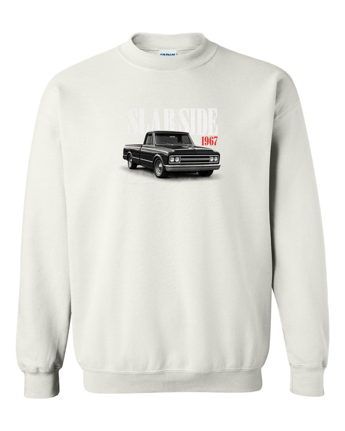 Editorial print of a 1967-72 Chevrolet C10 Action Line Fleetside with 283 V8 text white crewneck front view with the design