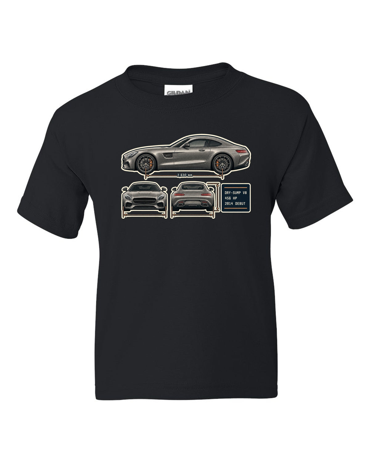 Mercedes-AMG GT C190 three-view and spec table print black kids tee front view with the design