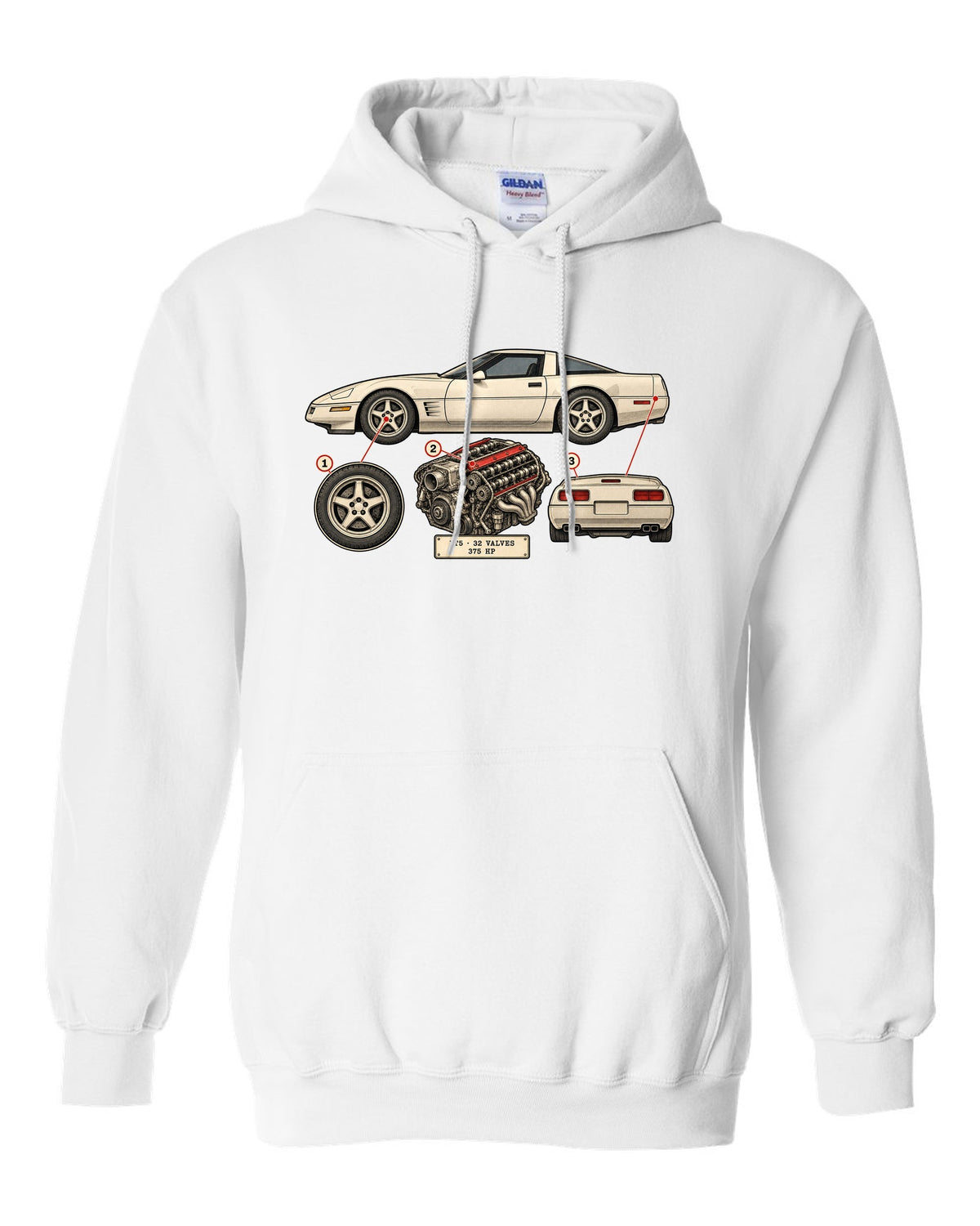 Neon HUD wireframe print of a 1997 Chevrolet Corvette C5 coupe with LT5 32 valves 375 HP lettering white pull over hoodie front view with the design